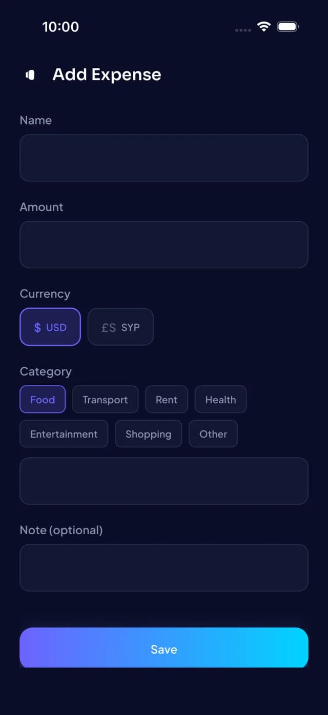 Add an expense: name, amount, currency, category