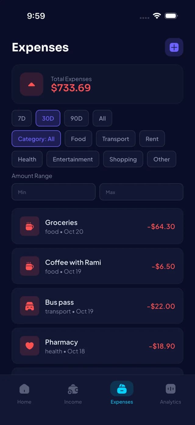 Expense list with the same filters