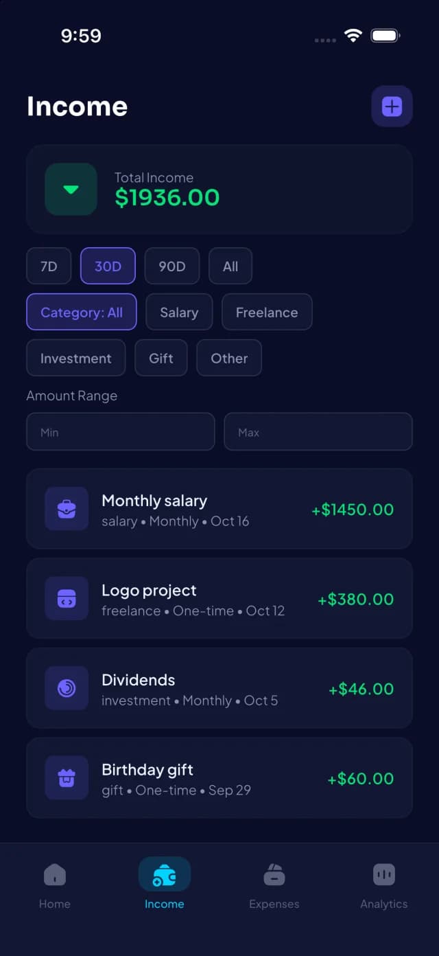 Income list with period, category and amount filters